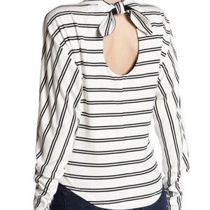 Free People‎ Large Ardmore Mock Neck Striped Long Sleeve Tee Top Black White